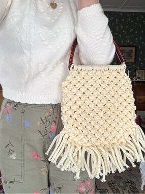 Handmade Cream Macramé Fringe Handbag with Tortoiseshell Handle